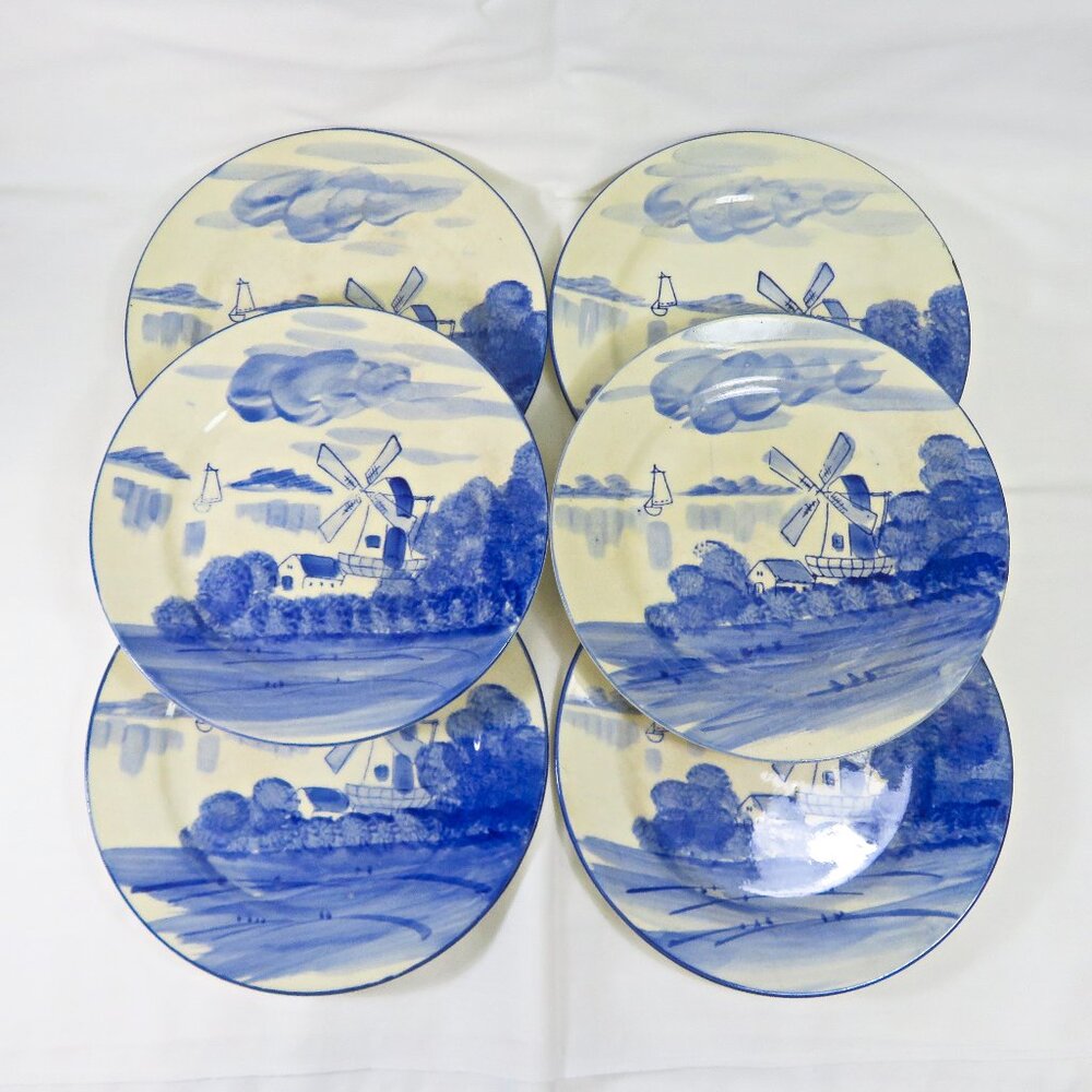 Vintage JAPAN Six (6) Snack Salad Dessert 7.5" Plates Blue/White Windmill Scene